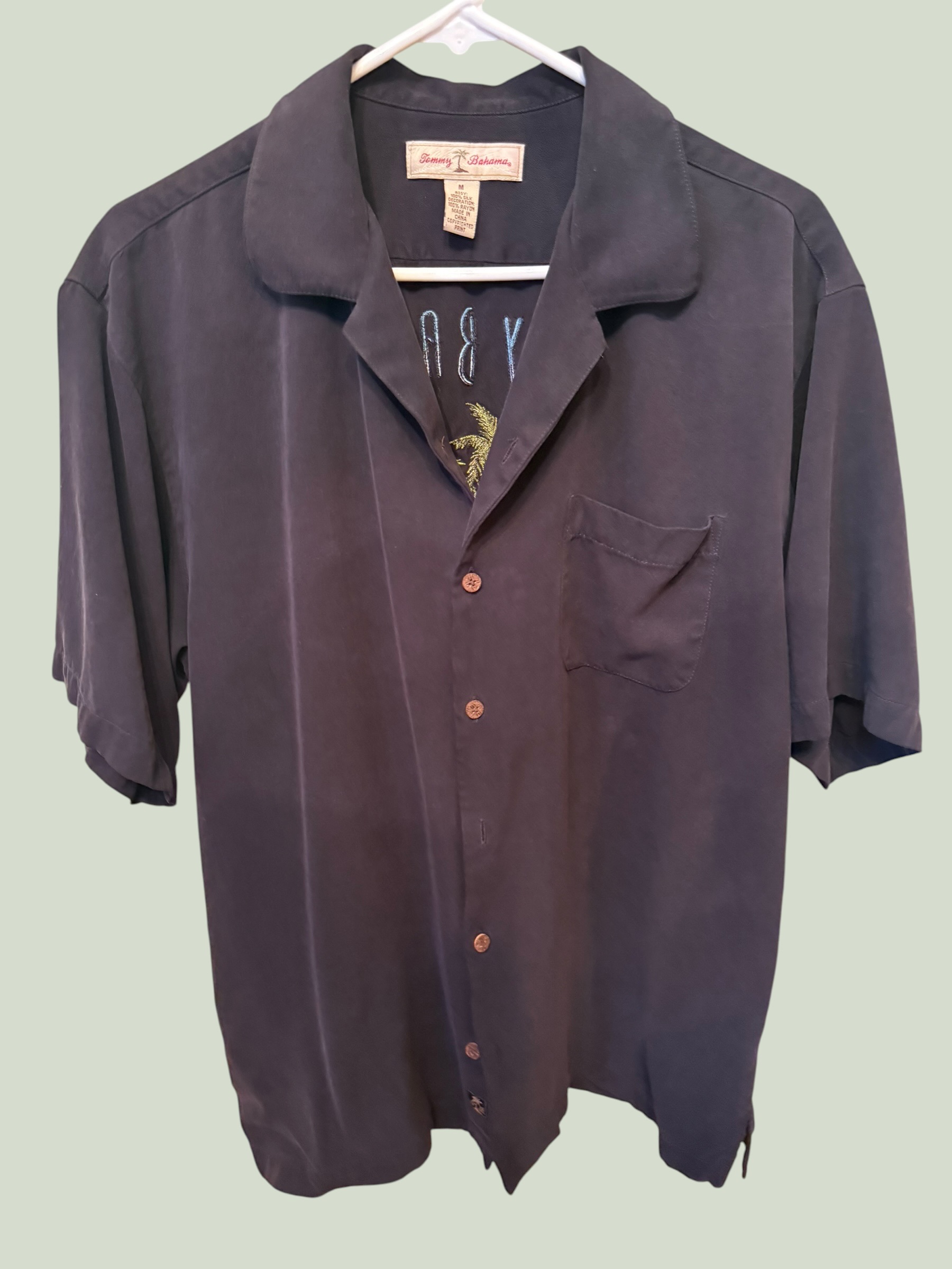 100% silk black Tommy Bahama embroidered Hawaiian button-up shirt, multiple angles