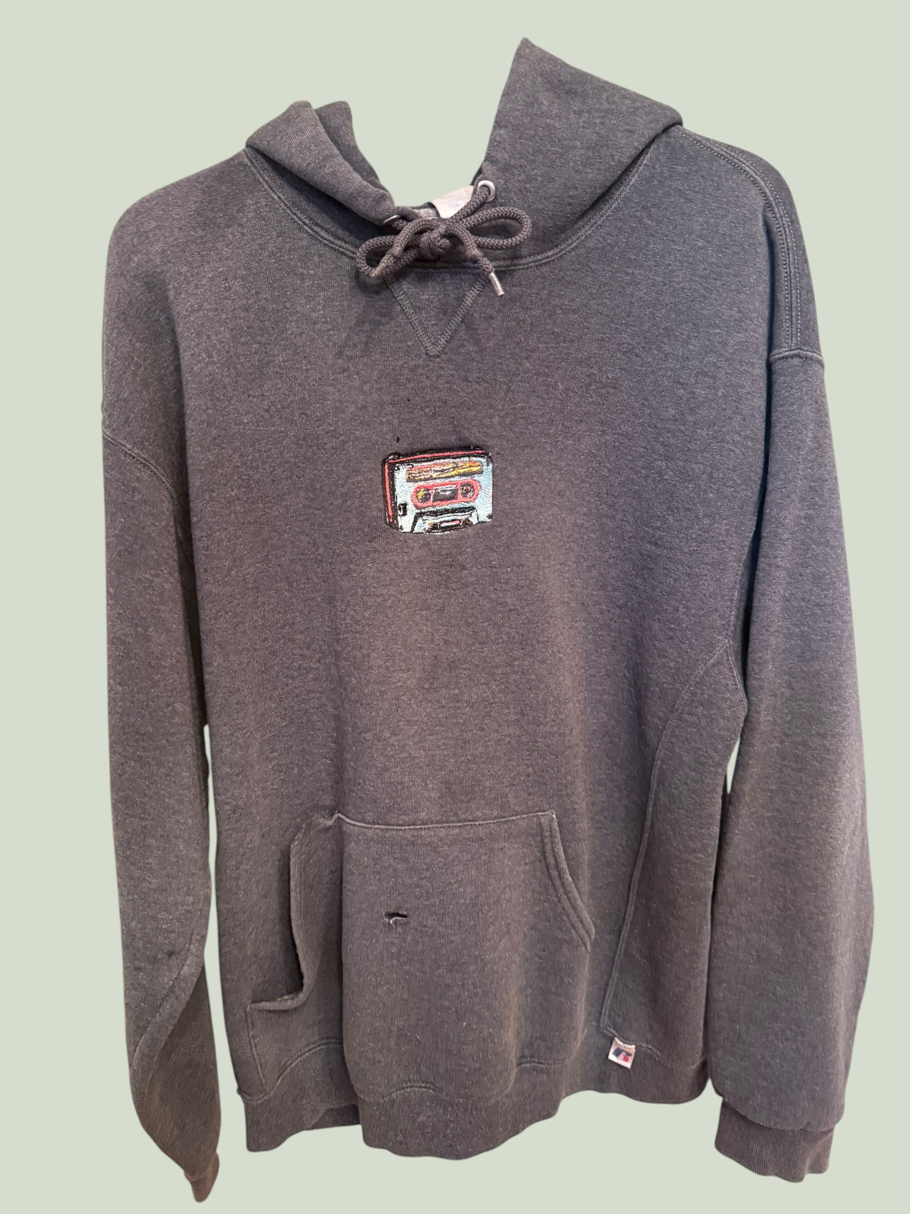Grey Russell Athletic hoodie with heavy-stitched cassette tape embroidery, multiple angles