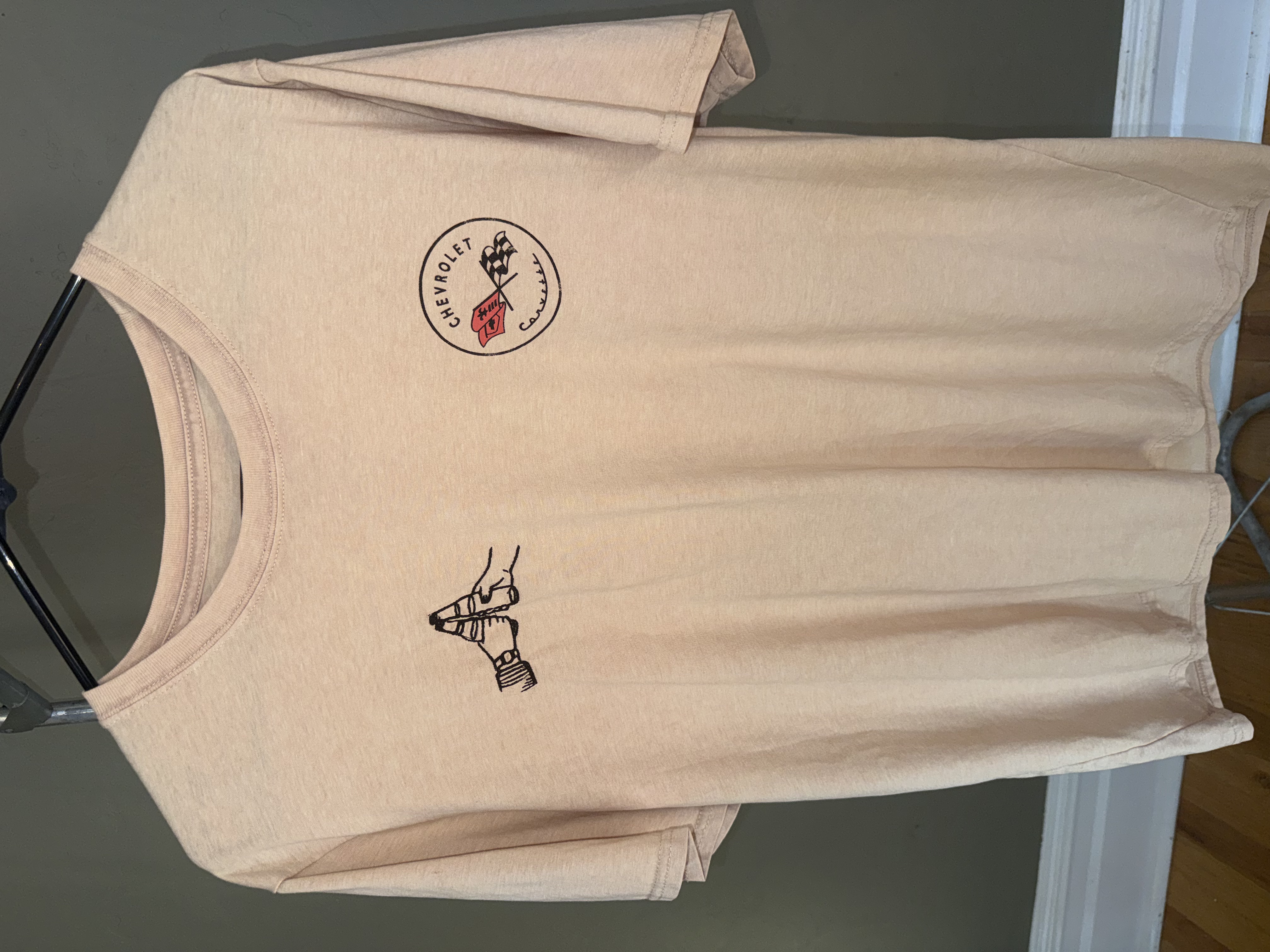 Off-white Chevrolet Corvette vintage tee with custom Cheers embroidery, multiple angles