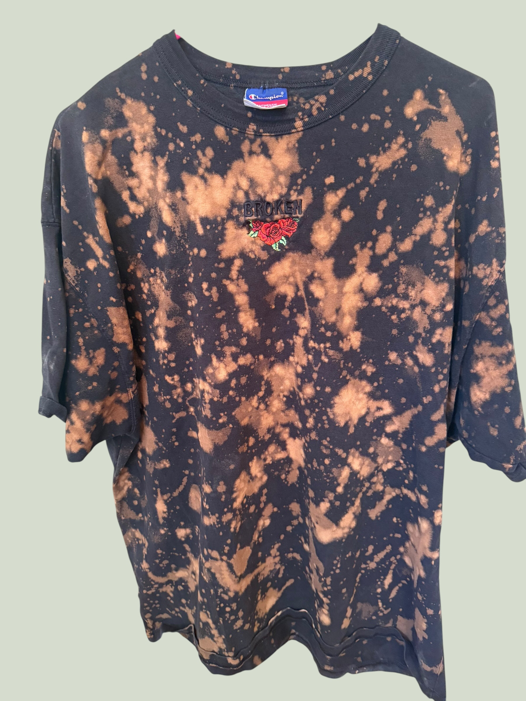 Champion acid washed black tee with Broken rose embroidery, multiple angles