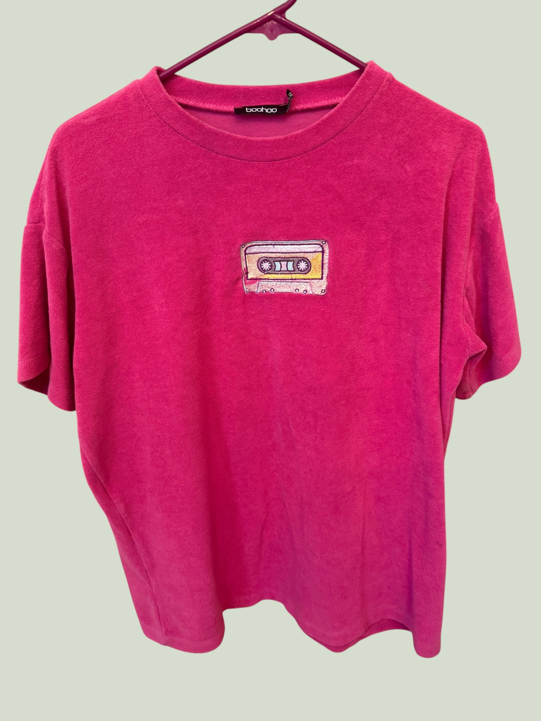 Pink Boohoo ultra-soft tee with distressed cassette tape embroidery, multiple angles