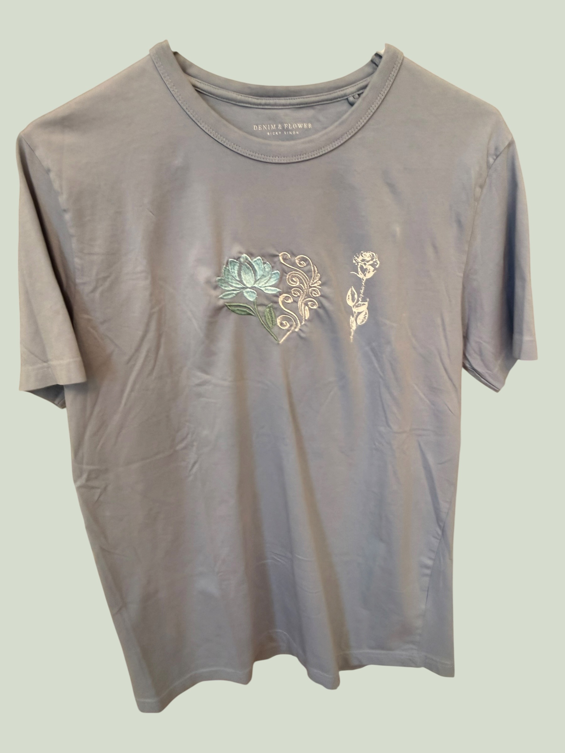 Denim & Flower light blue tee with Eternal Love floral embroidery, multiple angles