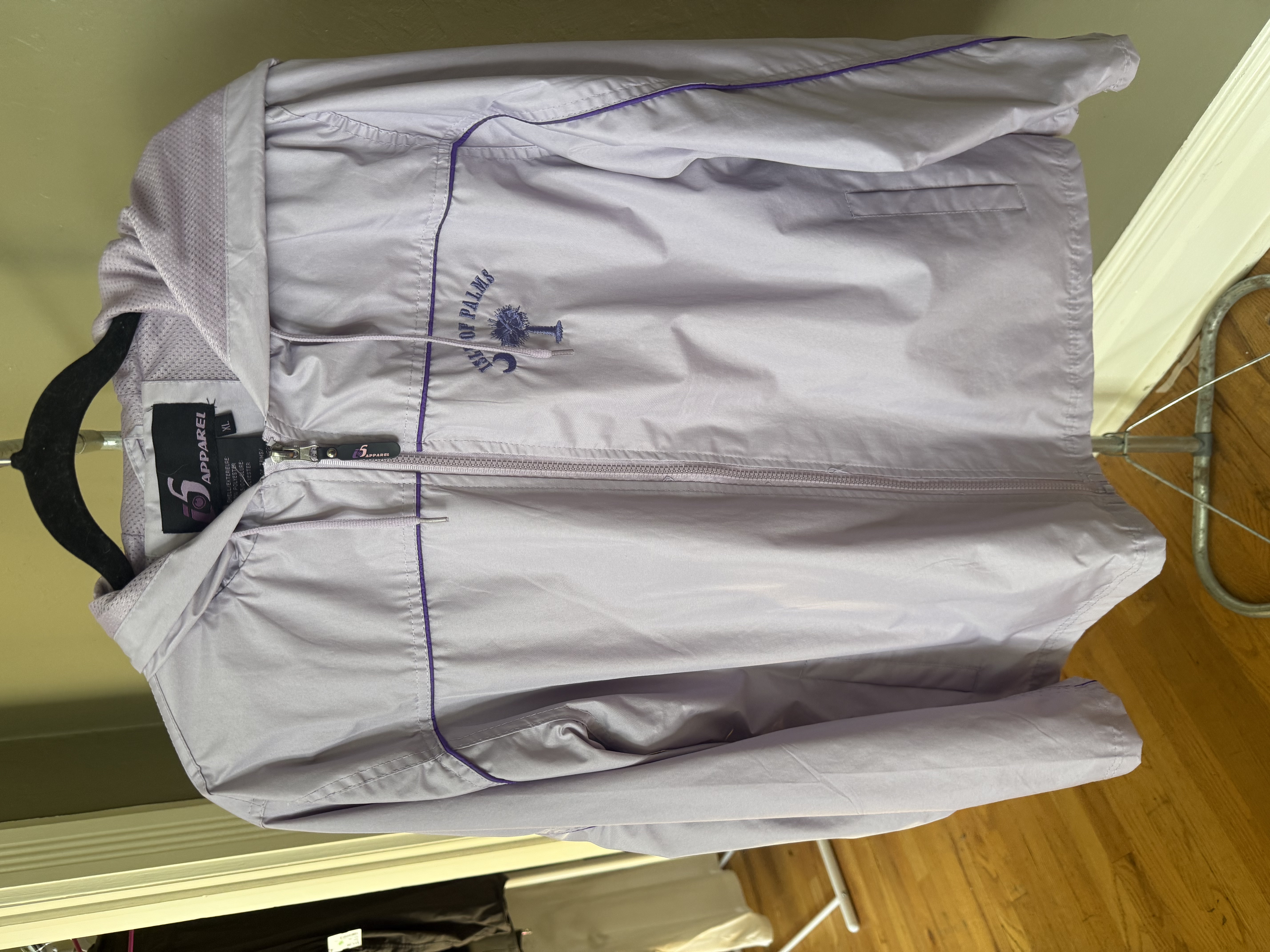 Purple and white i5 Apparel windbreaker jacket with blue piping, two angles