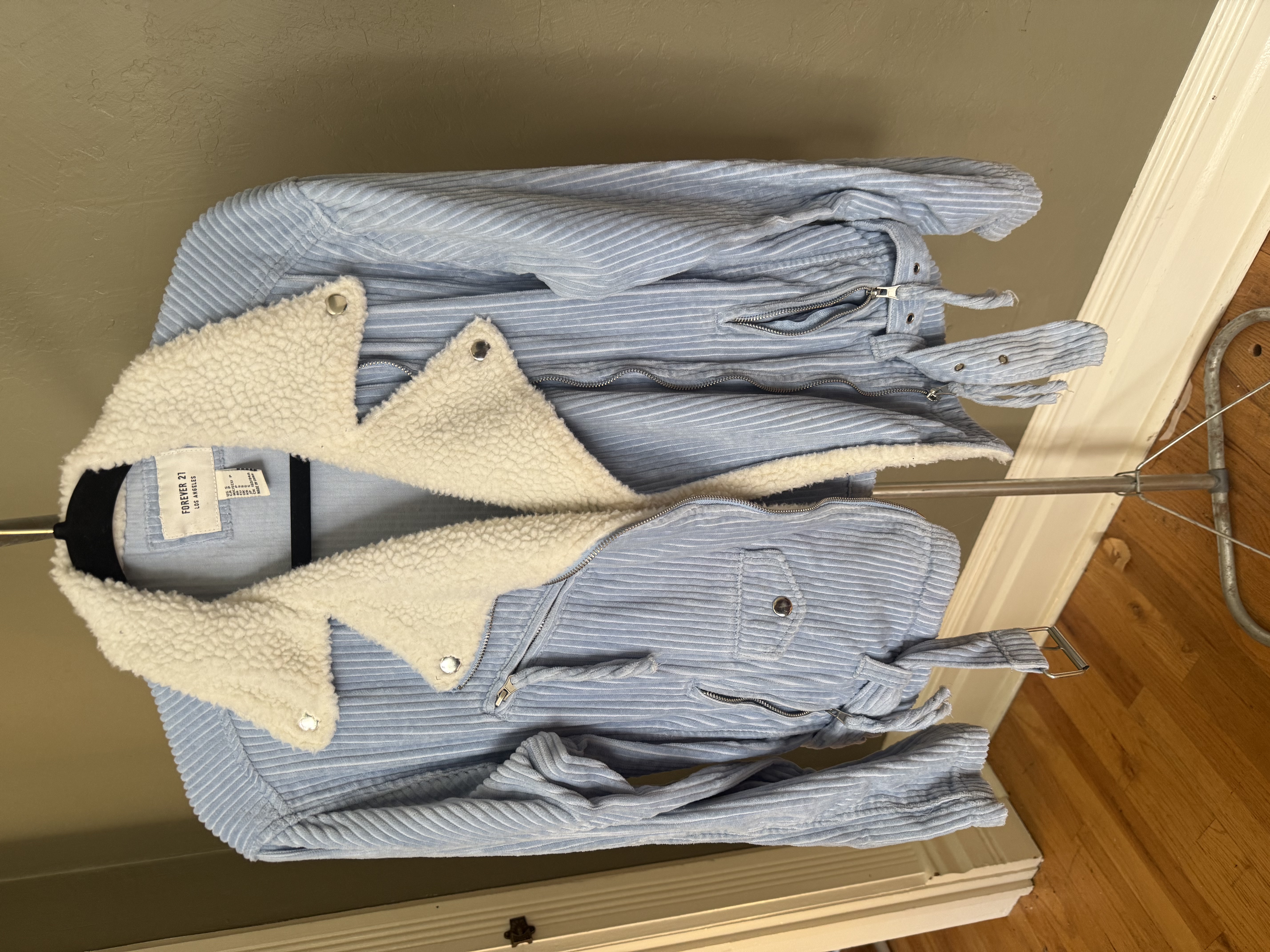 Forever 21 blue and white striped corduroy jacket with sherpa lining, multiple angles