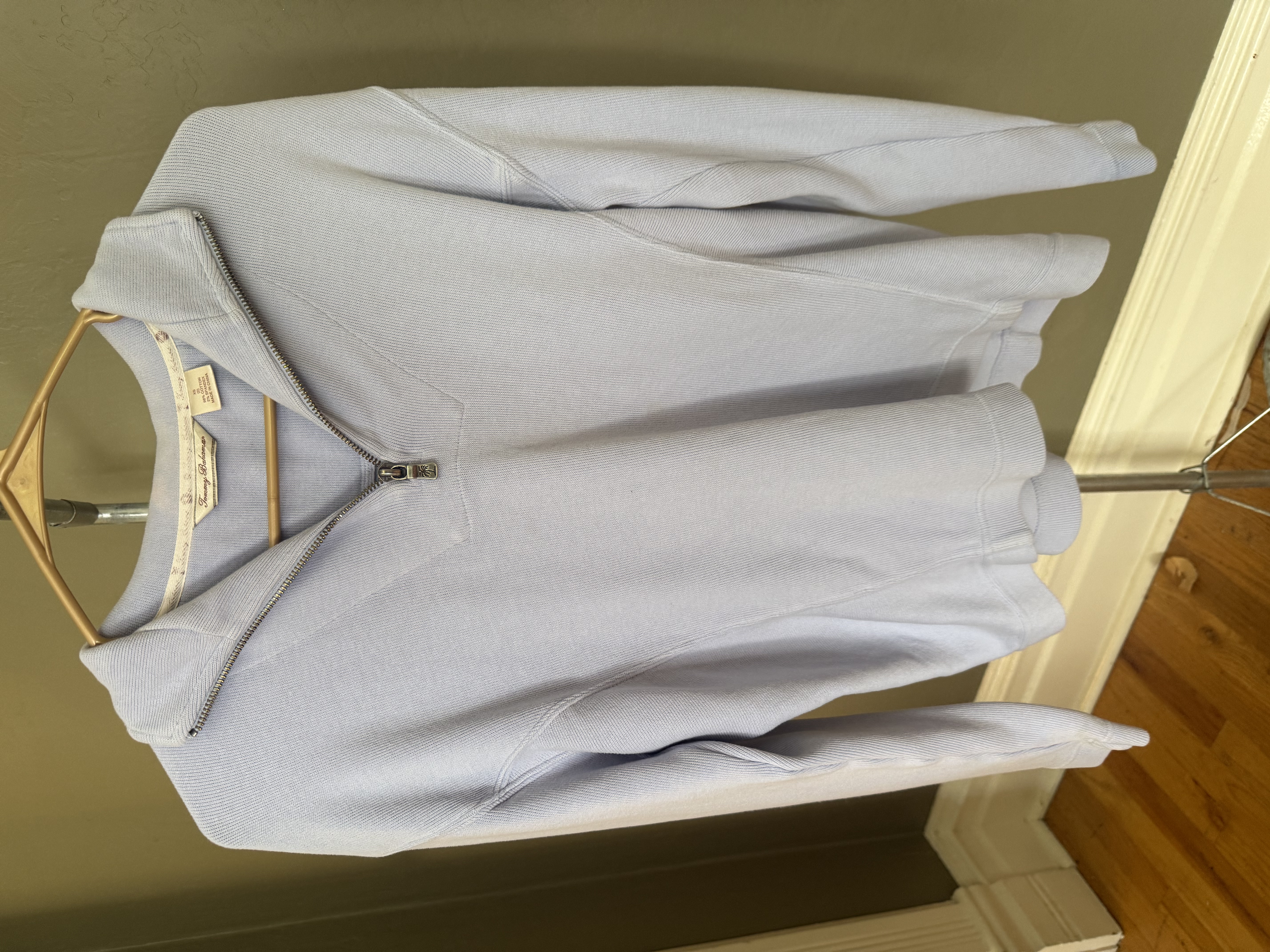 Tommy Bahama light blue quarter-zip sweatshirt, multiple angles
