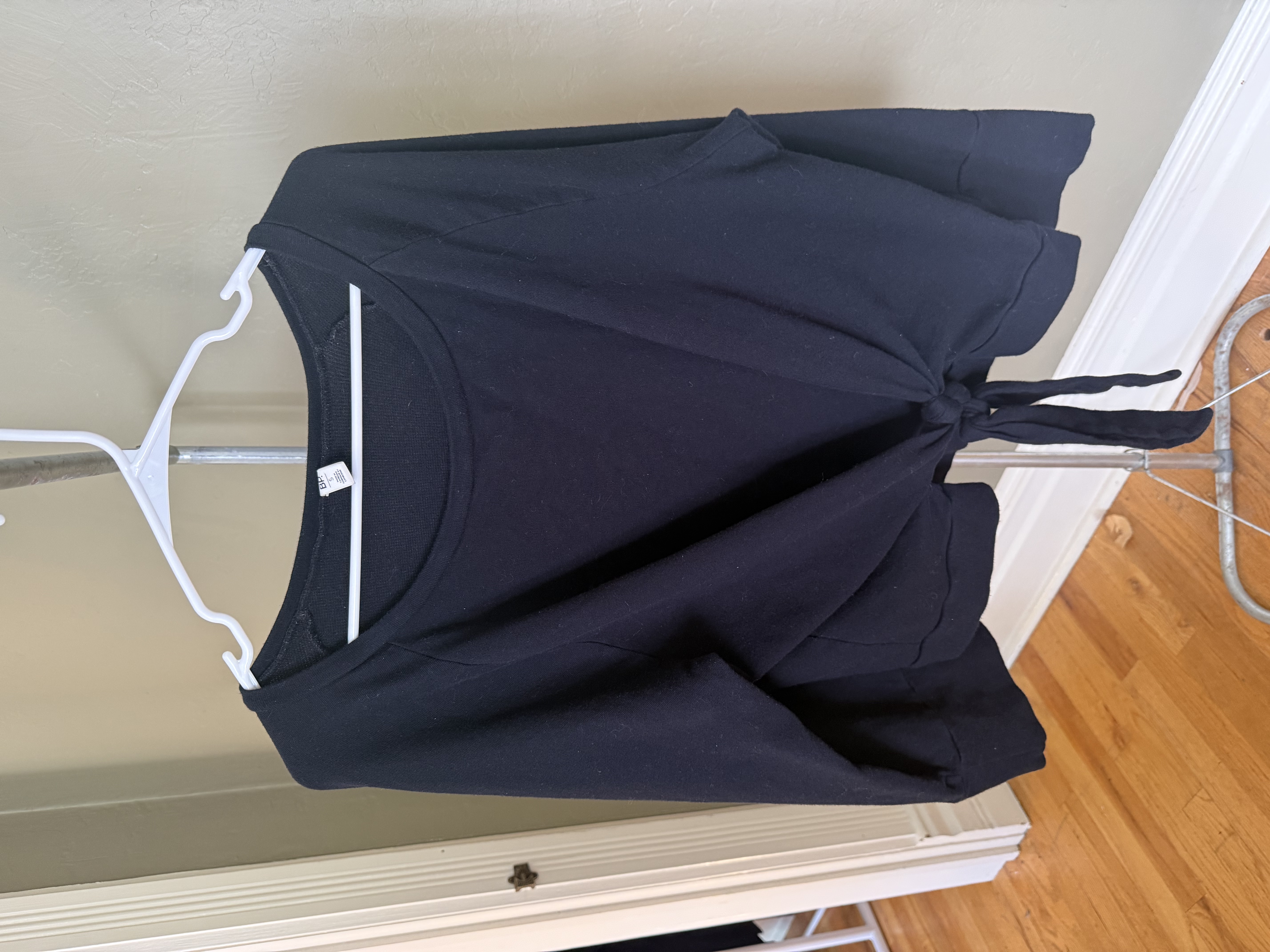 BP black tie-front long sleeve shirt, multiple angles