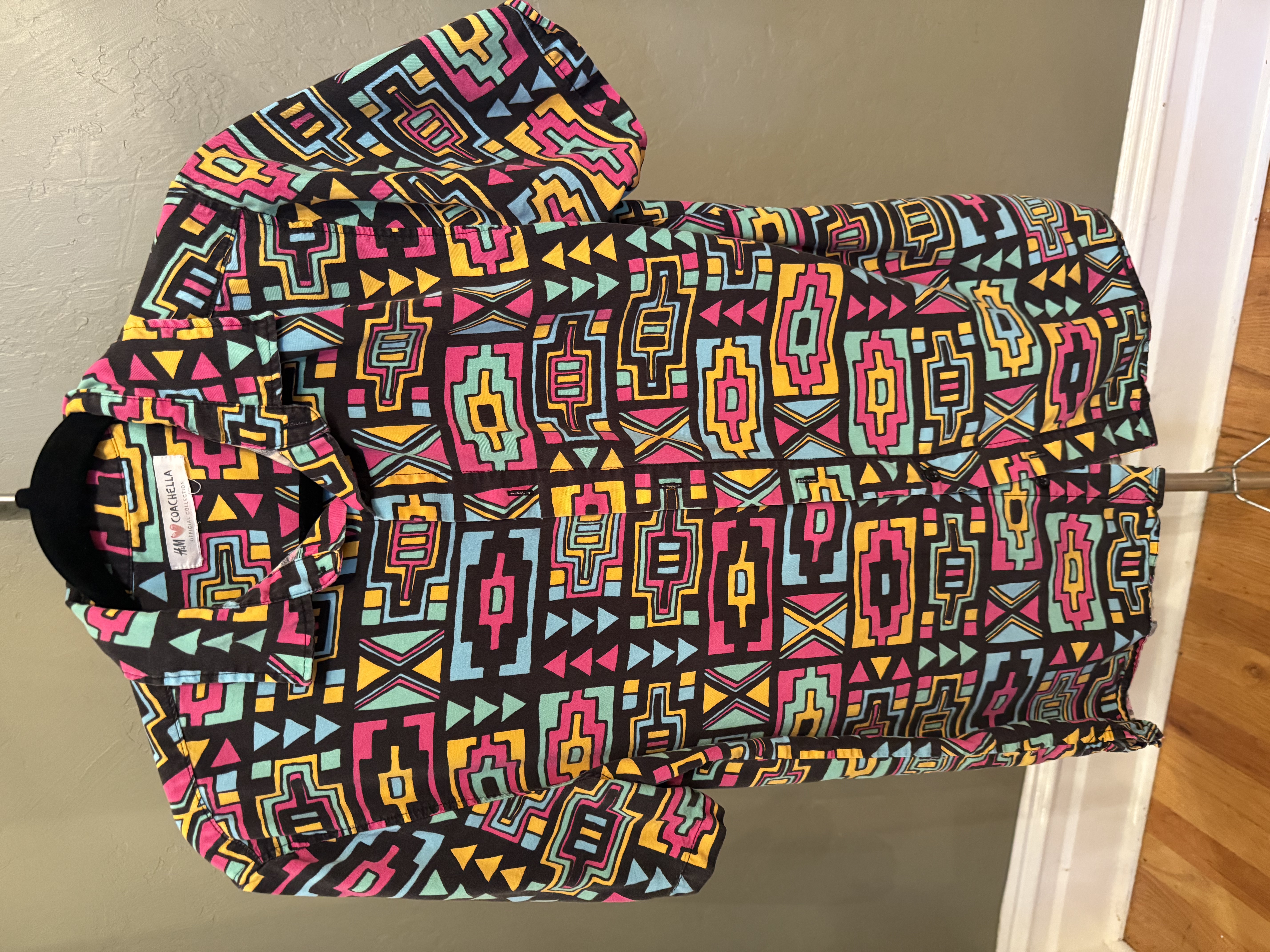 Coachella x H&M official collection multi-color short sleeve button-up, multiple angles